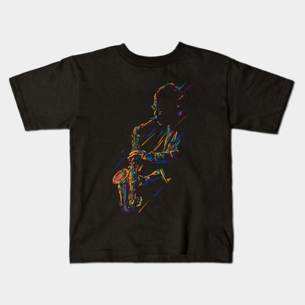 Saxophonist lineart Kids T-Shirt by BAJAJU